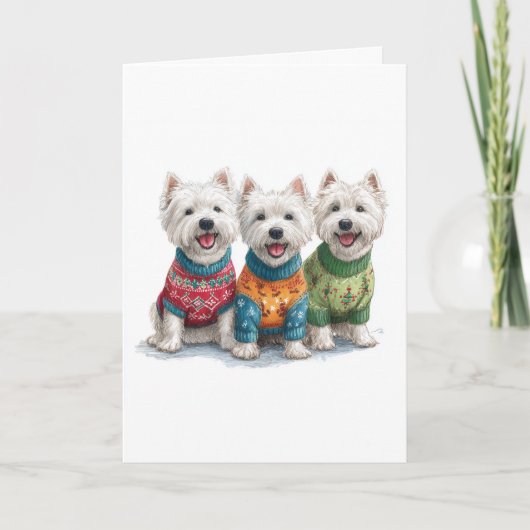 Custom White Westie Christmas Ugly Sweater Holiday カード (正面)