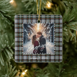 Custom Winter Engagement Photo Card with Tartan  セラミックオーナメント