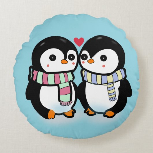 Custom Winter Penguin Love ラウンドクッション (正面)