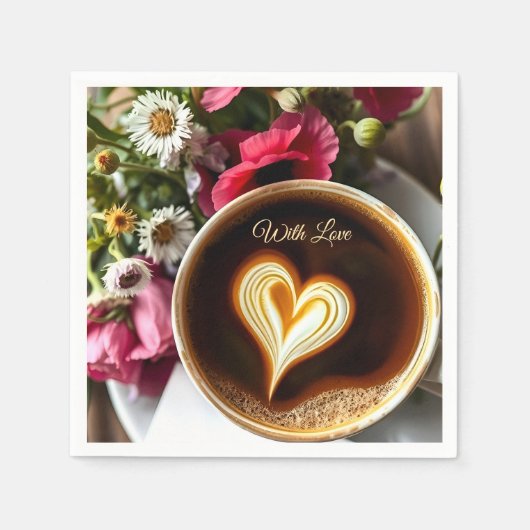 Custom "With Love"  Cup of Coffee & Red Poppies  スタンダードカクテルナプキン (正面)