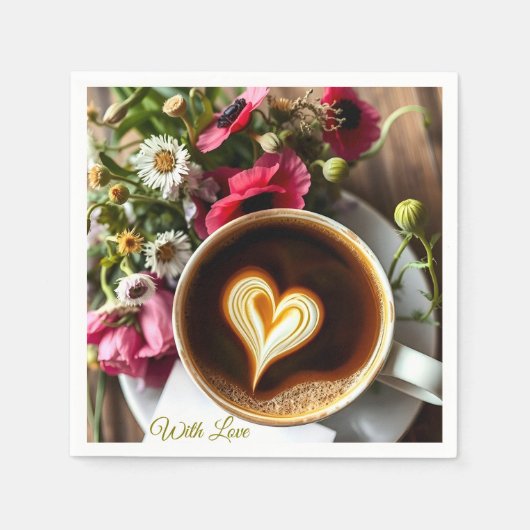 Custom "With Love"  Cup of Coffee & Red Poppies  スタンダードカクテルナプキン (正面)