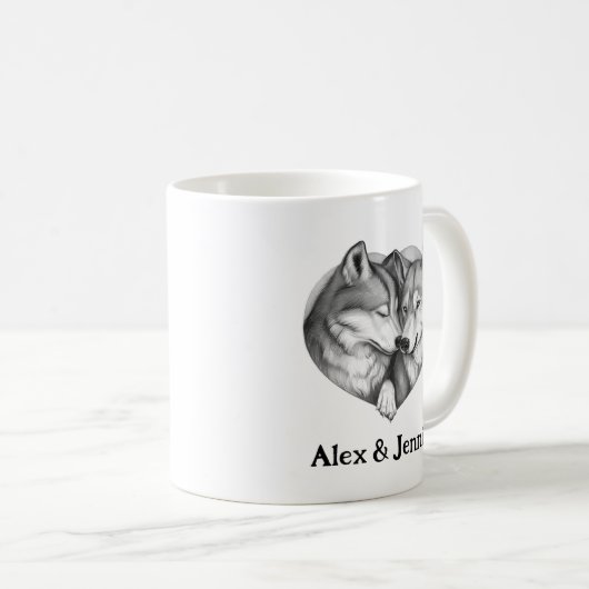 Custom Wolf Couple Names Personalized コーヒーマグカップ (正面右)