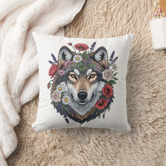 Custom Wolf with Floral Crown Throw Pillow クッション (ブランケット)
