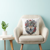 Custom Wolf with Floral Crown Throw Pillow クッション (椅子)