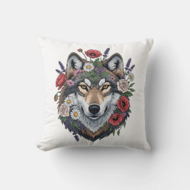 Custom Wolf with Floral Crown Throw Pillow クッション