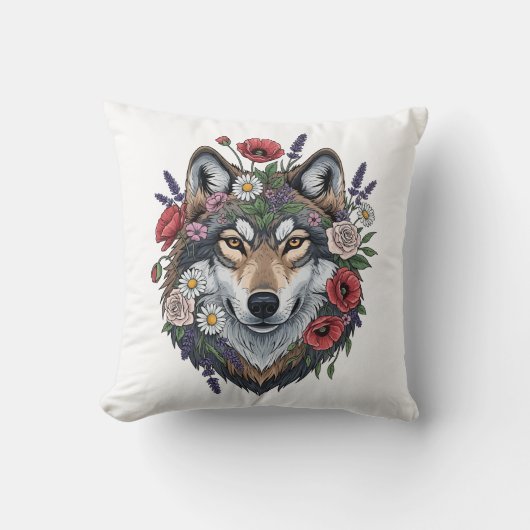 Custom Wolf with Floral Crown Throw Pillow クッション (正面)