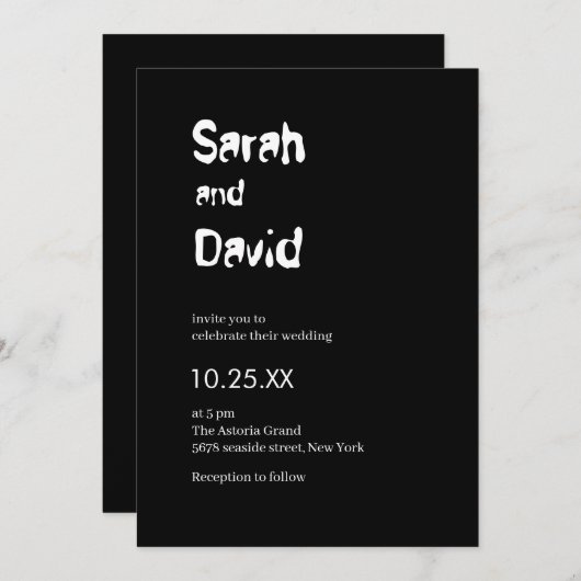 custom word only black and white wedding 招待状 (正面/裏面)