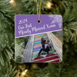 Custom Year Our First Merrily Married Xmas Photo セラミックオーナメント