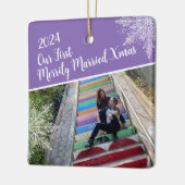 Custom Year Our First Merrily Married Xmas Photo セラミックオーナメント (左)