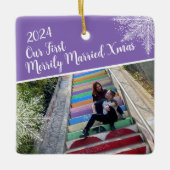 Custom Year Our First Merrily Married Xmas Photo セラミックオーナメント (正面)