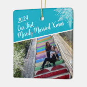 Custom Year Our First Merrily Married Xmas Photo セラミックオーナメント (左)