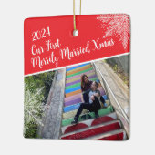 Custom Year Our First Merrily Married Xmas Photo セラミックオーナメント (左)