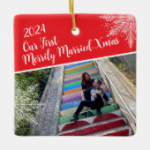 Custom Year Our First Merrily Married Xmas Photo セラミックオーナメント (正面)