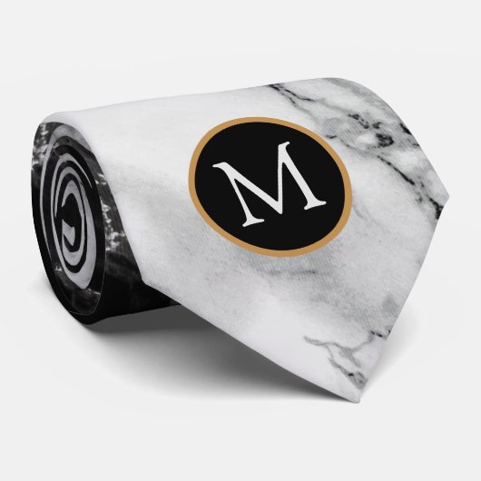 Custom Your Letter Black and White Marble Neck Tie ネクタイ (ロール)