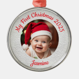 Customisable Baby's First Christmas Premium Round メタルオーナメント