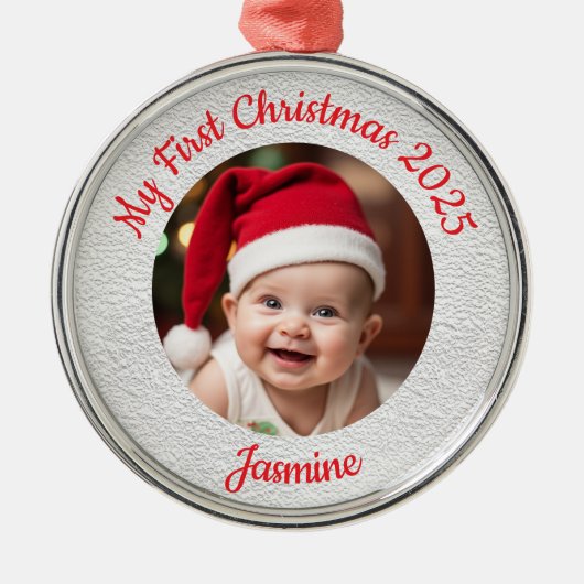 Customisable Baby's First Christmas Premium Round メタルオーナメント (正面)