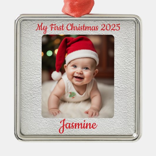 Customisable Baby's First Christmas Square メタルオーナメント (正面)