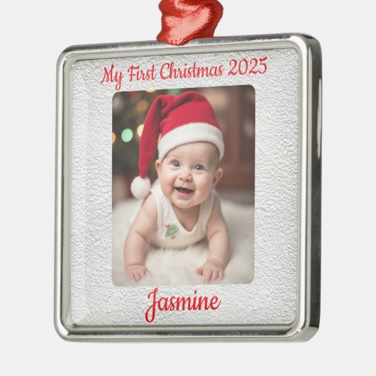 Customisable Baby's First Christmas Square メタルオーナメント (左)