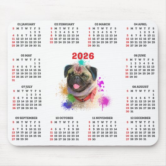 Customisable Cute Pug Dog Calendar  マウスパッド (正面)