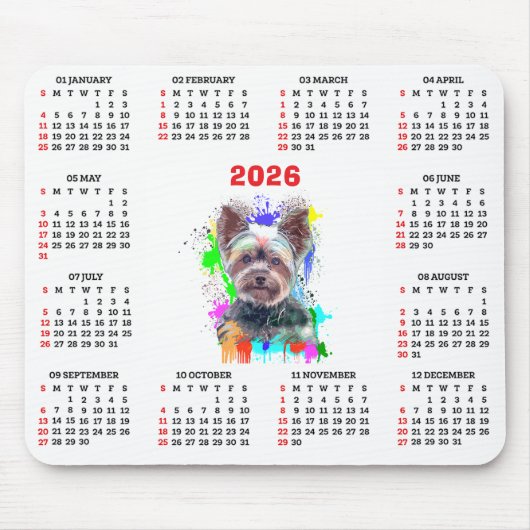 Customisable Cute Yorkie Dog Calendar  マウスパッド (正面)