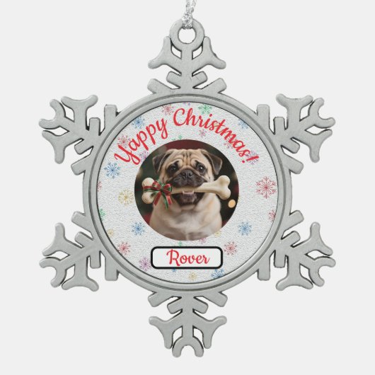 Customisable Dog And Bone Pet Lover's Christmas スノーフレークピューターオーナメント (正面)