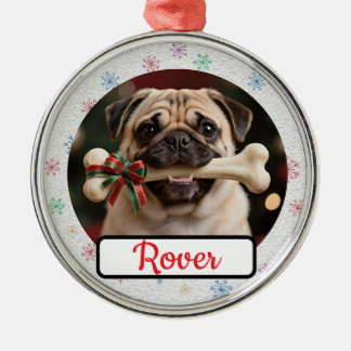 Customisable Dog And Bone Pet Owner's Round Xmas メタルオーナメント