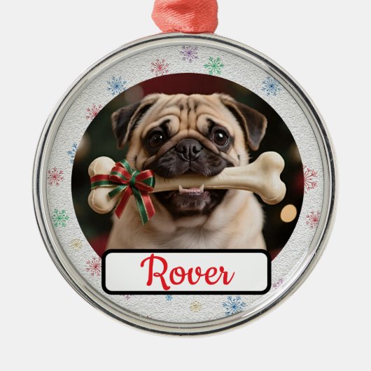 Customisable Dog And Bone Pet Owner's Round Xmas メタルオーナメント (正面)