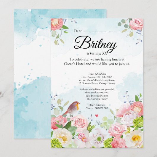 Customisable Female Birthday Invitation – Editable 招待状 (正面/裏面)