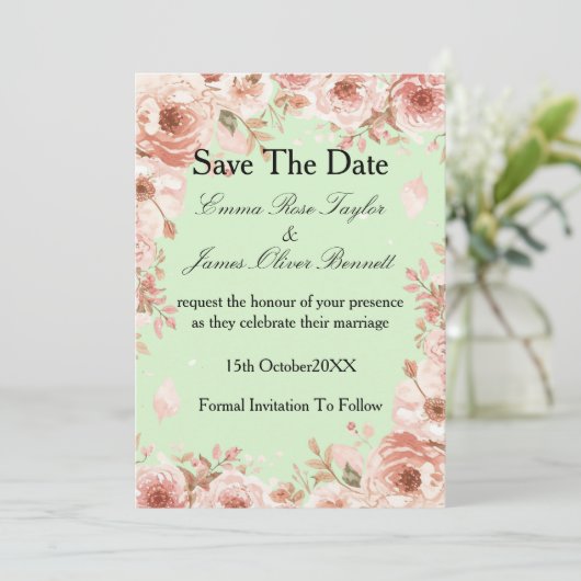 Customisable Floral mint Pink Roses Save the Date 招待状 (スタンド正面)