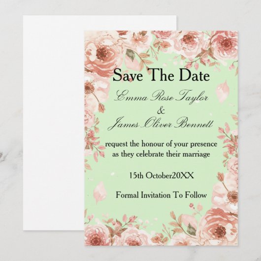 Customisable Floral mint Pink Roses Save the Date  招待状 (正面/裏面)