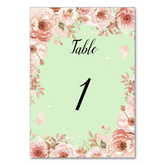 Customisable Floral Wedding mint and Pink Roses  テーブルナンバー (正面)
