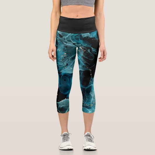 Customizable Black and Blue High Waisted Capris カプリレギンス (正面)