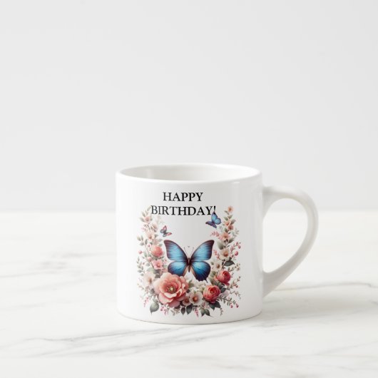 Customizable Blue Butterfly Floral Art-96279 エスプレッソカップ (右)