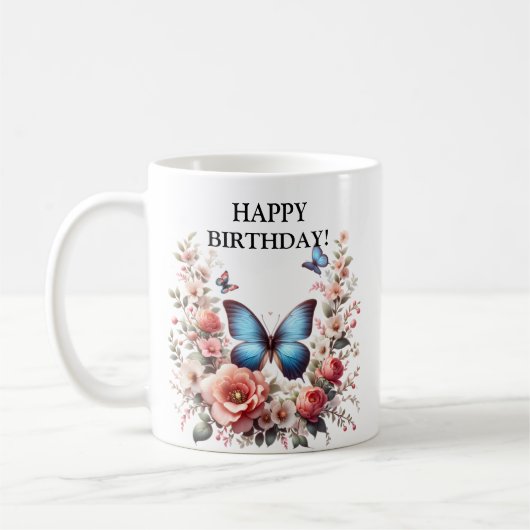 Customizable Blue Butterfly Floral Art-96279 コーヒーマグカップ (左)