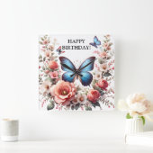 Customizable Blue Butterfly Floral Art-96279 スクエア壁時計 (ホーム)