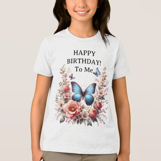 Customizable Blue Butterfly Floral Art-96279 トライブレンドＴシャツ (正面)