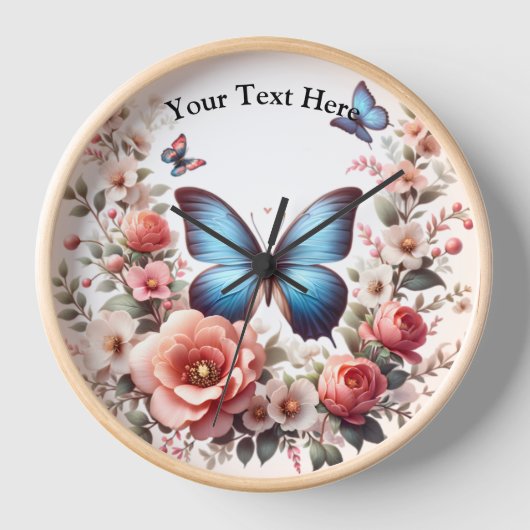 Customizable Blue Butterfly Floral Art-96279 壁時計 (正面)