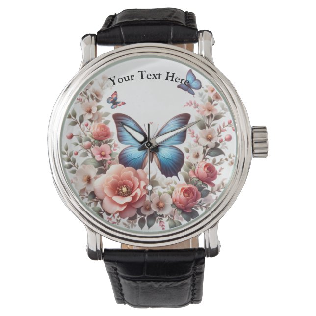 Customizable Blue Butterfly Floral Art-96279 腕時計 (正面)