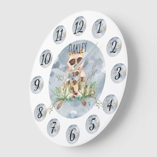 Customizable Blue Raccoon Nursery Clock Large ラージ壁時計 (傾斜)