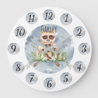 Customizable Blue Raccoon Nursery Clock Large ラージ壁時計