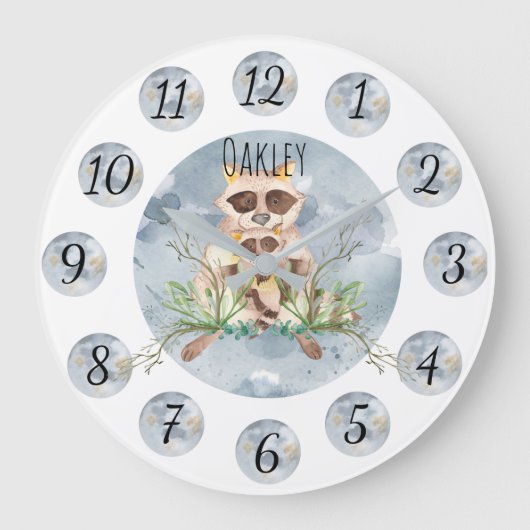Customizable Blue Raccoon Nursery Clock Large ラージ壁時計 (正面)