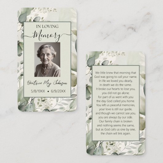 Customizable Botanical Memorial Prayer Card ノートカード (正面/裏面)