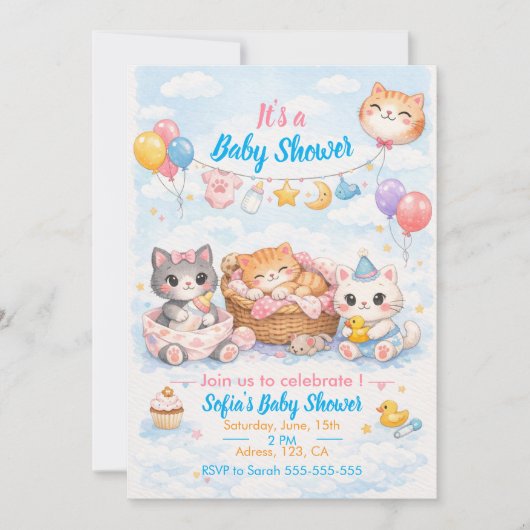 Customizable Cat-themed Baby Shower Invitation 招待状 (正面)