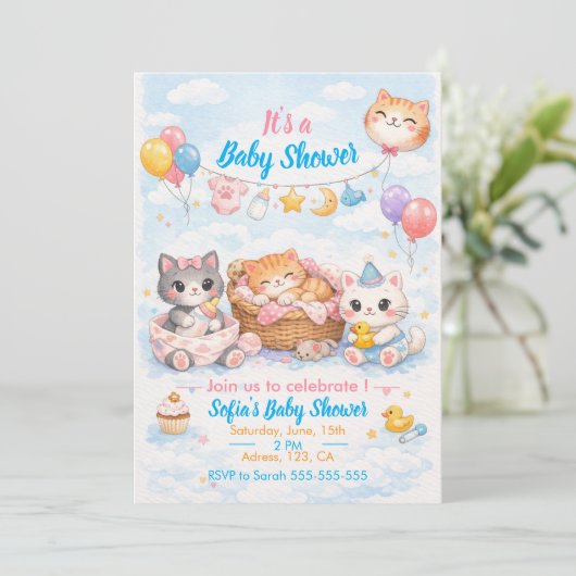 Customizable Cat-themed Baby Shower Invitation 招待状 (スタンド正面)
