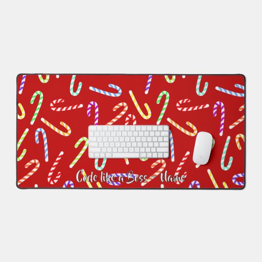 Customizable Colorful Candy Canes on Red デスクマット (キーボード&マウス)