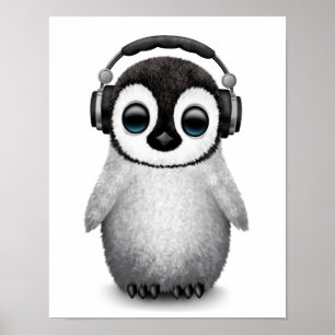 Customizable Cute Baby Penguin Dj with Headphones ポスター