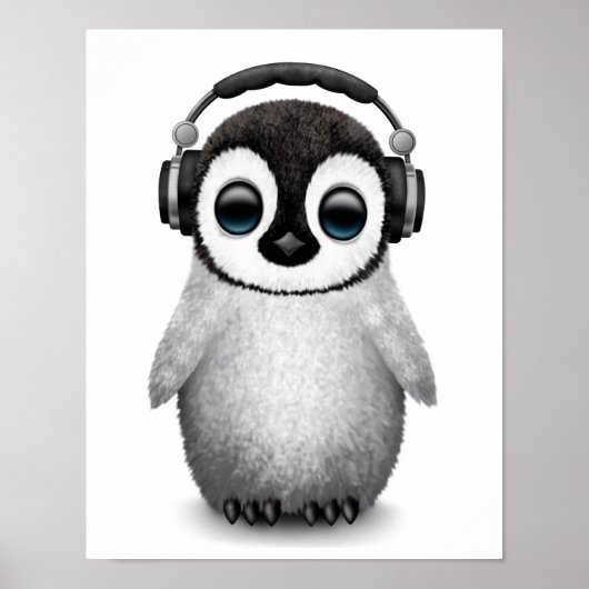 Customizable Cute Baby Penguin Dj with Headphones ポスター (正面)