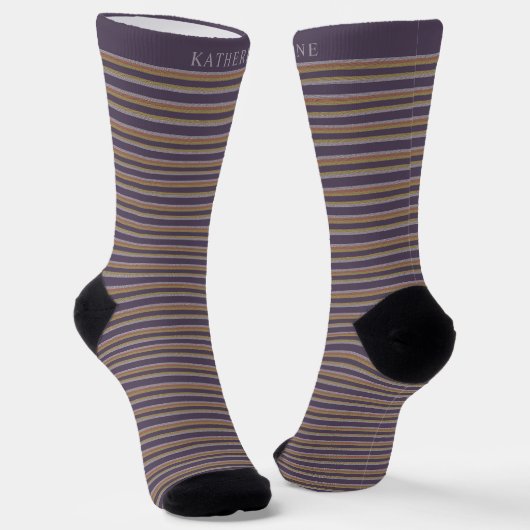 Customizable Dark Plum Purple Grey Stripes ソックス (傾斜あり)
