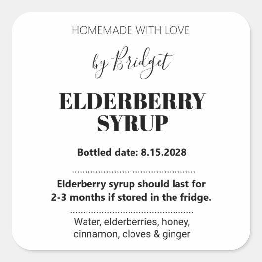 Customizable Elderberry Syrup Label ZEB_01 スクエアシール (正面)