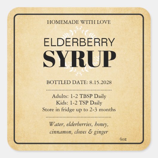 Customizable Elderberry Syrup Label ZEB_04a スクエアシール (正面)